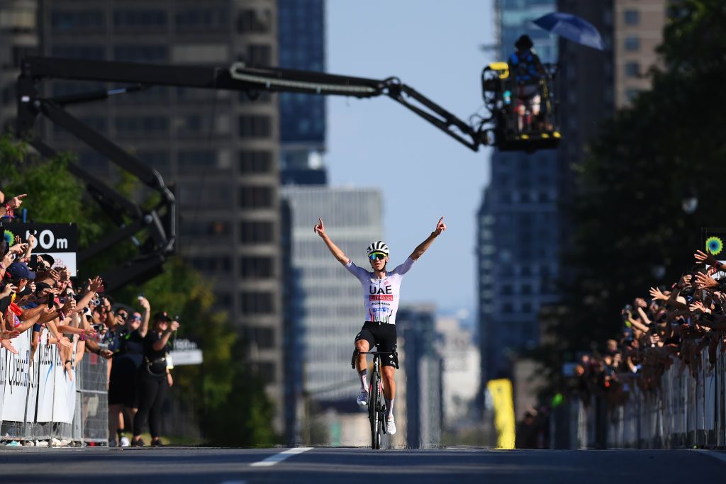MONTREAL QUEBEC SEPTEMBER 15 Tadej Pogacar of Slovenia and UAE Team Emirates celebrates at finish line as race winner during the 13th Grand Prix Cycliste de Montreal 2024 a 2091km one day race from Montreal to Montreal UCIWT on September 15 2024 in Montreal Quebec Photo by Alex BroadwayGetty Images