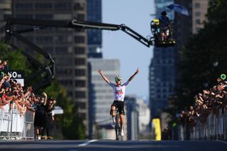 MONTREAL QUEBEC SEPTEMBER 15 Tadej Pogacar of Slovenia and UAE Team Emirates celebrates at finish line as race winner during the 13th Grand Prix Cycliste de Montreal 2024 a 2091km one day race from Montreal to Montreal UCIWT on September 15 2024 in Montreal Quebec Photo by Alex BroadwayGetty Images