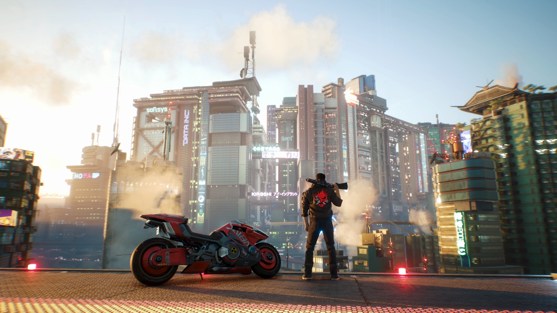 V standing next to a motorbike looking out over Night City with a shotgun on his shoulder.
