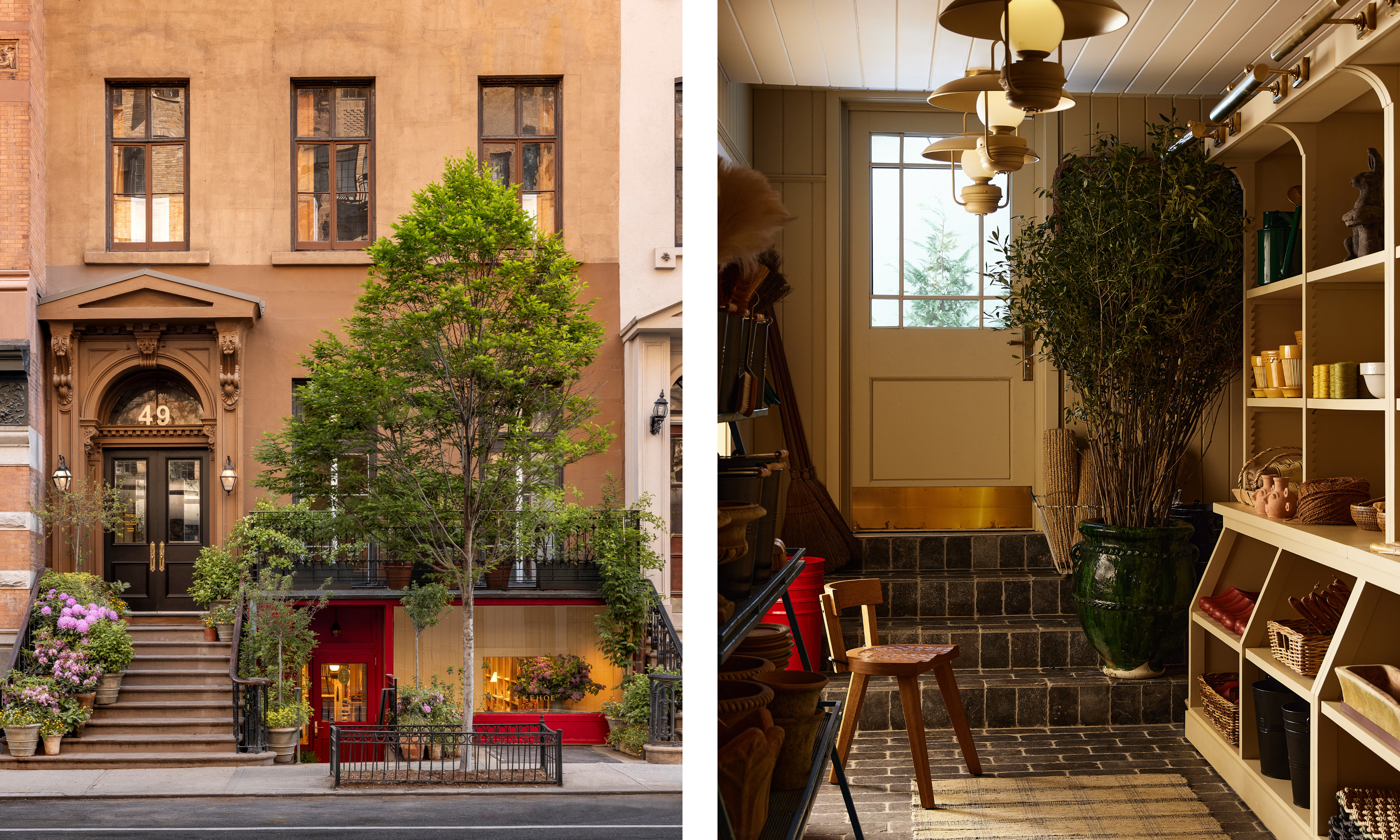 A split image with a NYC brownstone on the left, the home of Nickey Kehoe's Manhattan retail shop; on the right, an interior shot with built-in shelving housing products.