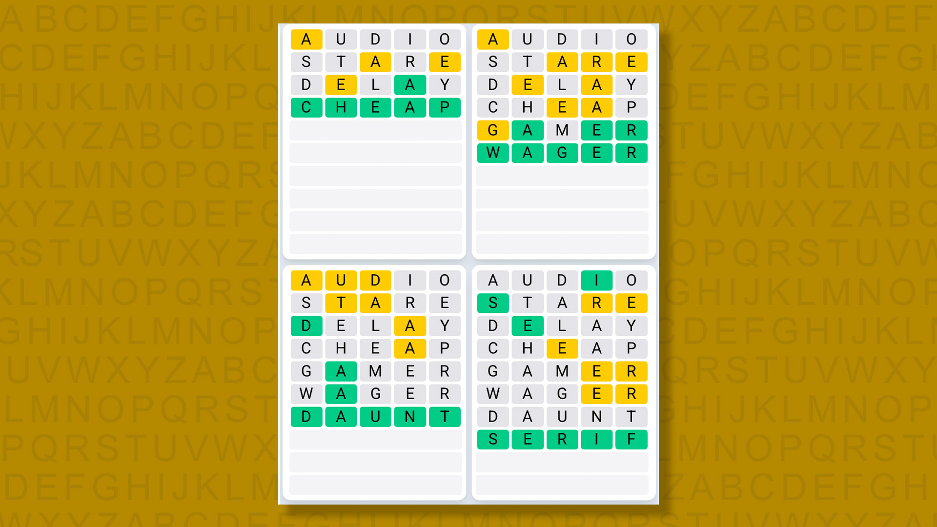 Quordle Daily Sequence answers for game 1355 on a yellow background