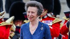 Princess Anne, wearing a blue wrap dress, takes part in the Household Division Musical Spectacular 2025 at Horse Guards Parade on July 16, 2025 in London, England