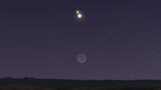 This sky map shows the crescent moon with Jupiter and Saturn as seen from New York City on Dec. 16, 2020, at 6 p.m. local time. 