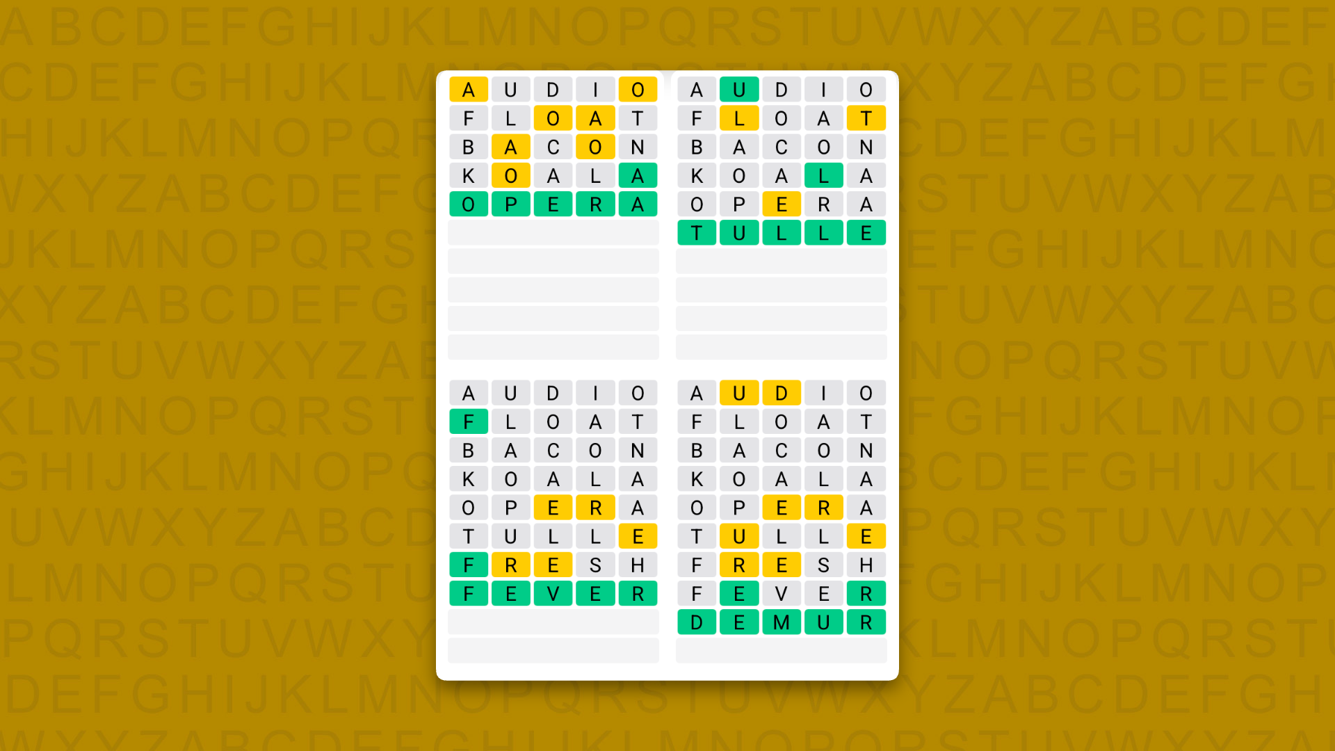 Quordle Daily Sequence answers for game 1722 on a yellow background