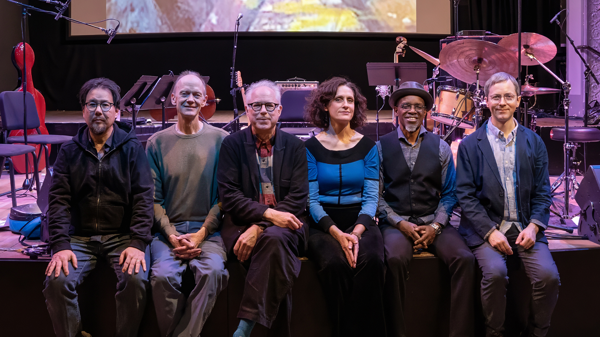 Bill Frisell poses with his &amp;rsquo;In My Dream&amp;rsquo; collaborators and &amp;rdquo;closest friends.&amp;rdquo; (from left) violist Eyvind Kang, cellist Hank Roberts, Frisell, violinist Jenny Scheinman, drummer Rudy Royston and bassist Thomas Morgan.