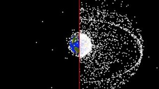 A diagram that shows how the amount of space junk has increased over time