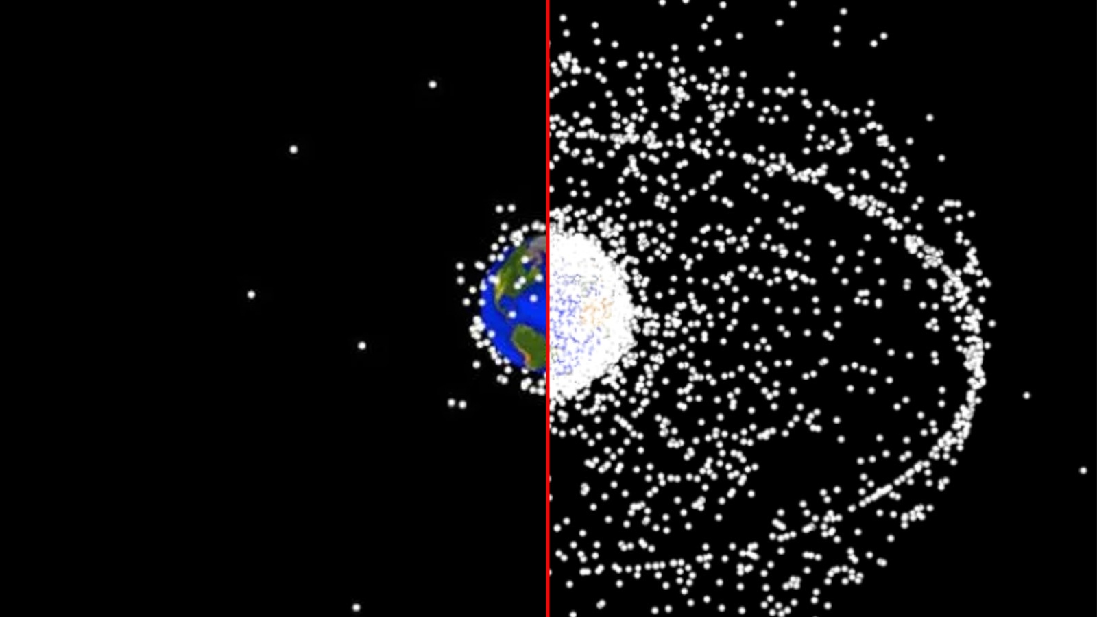 A diagram that shows how the amount of space junk has increased over time
