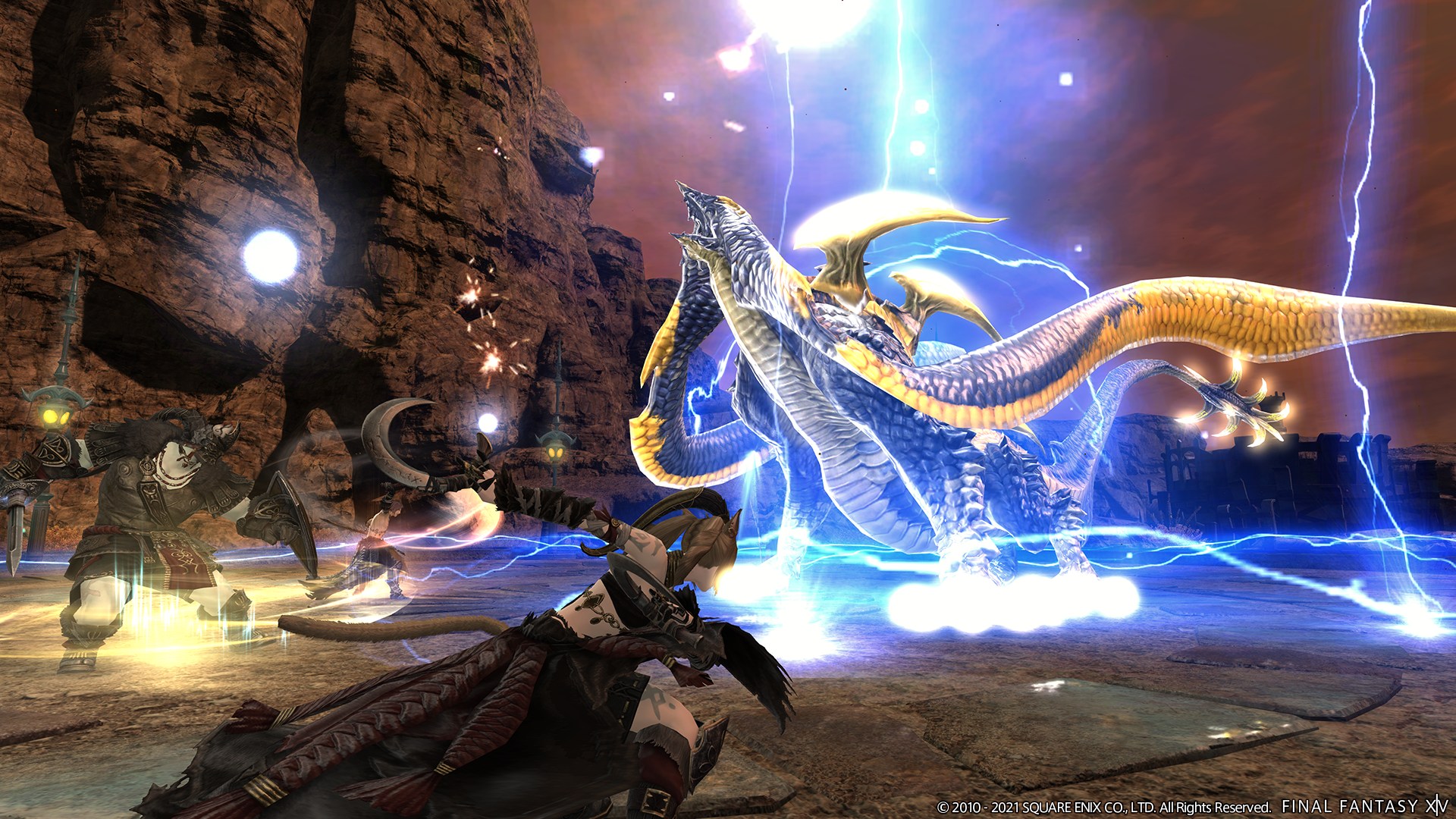 Final Fantasy 14 characters attacking an enemy with lightning