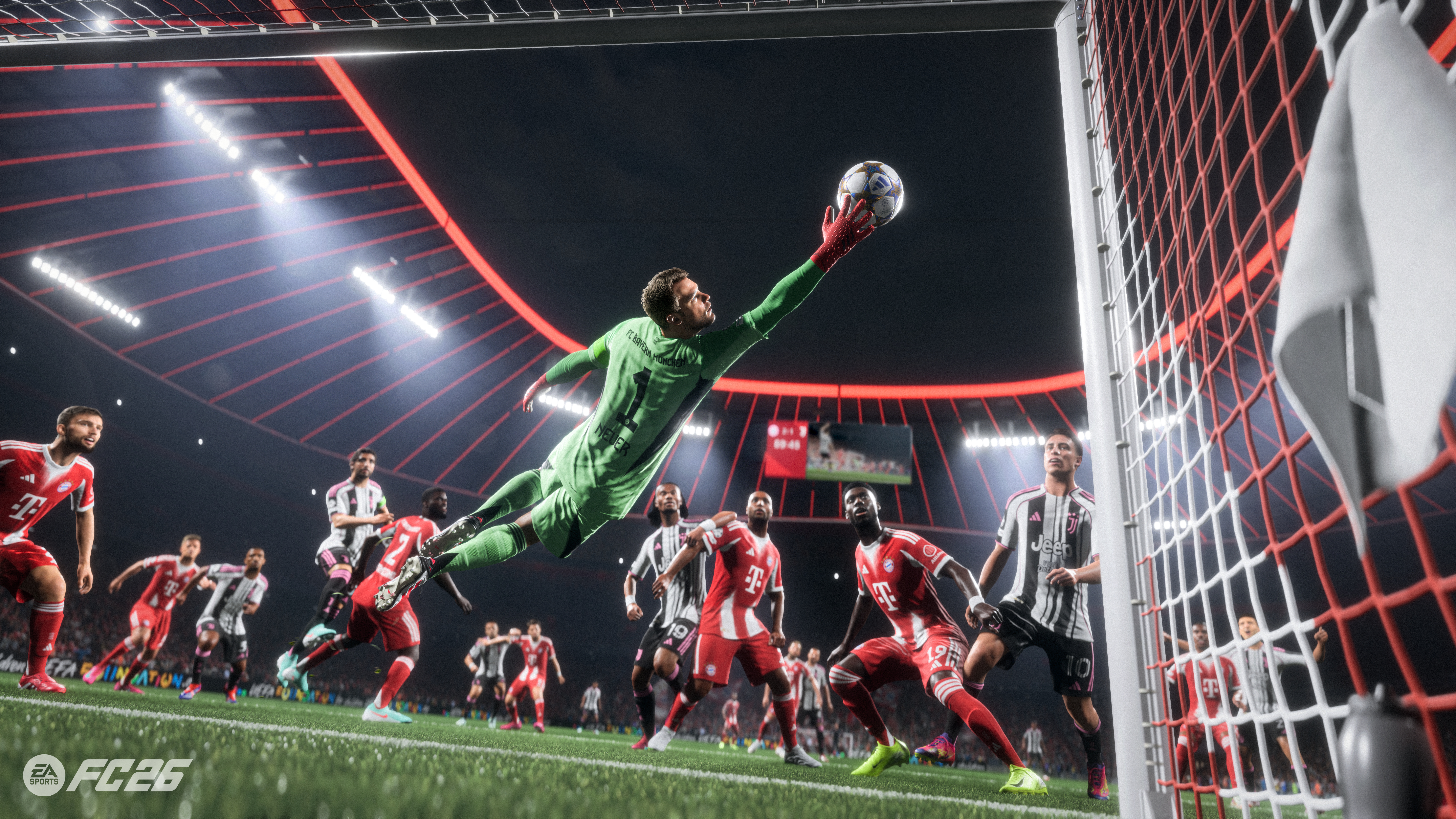 A screenshot from EA Sports FC 26 showing a goal keeper making a save at full stretch