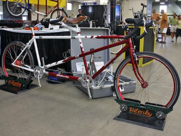 Bilenky's stunning red and white tandem includes S&amp;S couplings for easier transport.