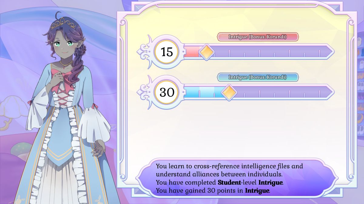 A screen showing Zorana studying Intrigue.