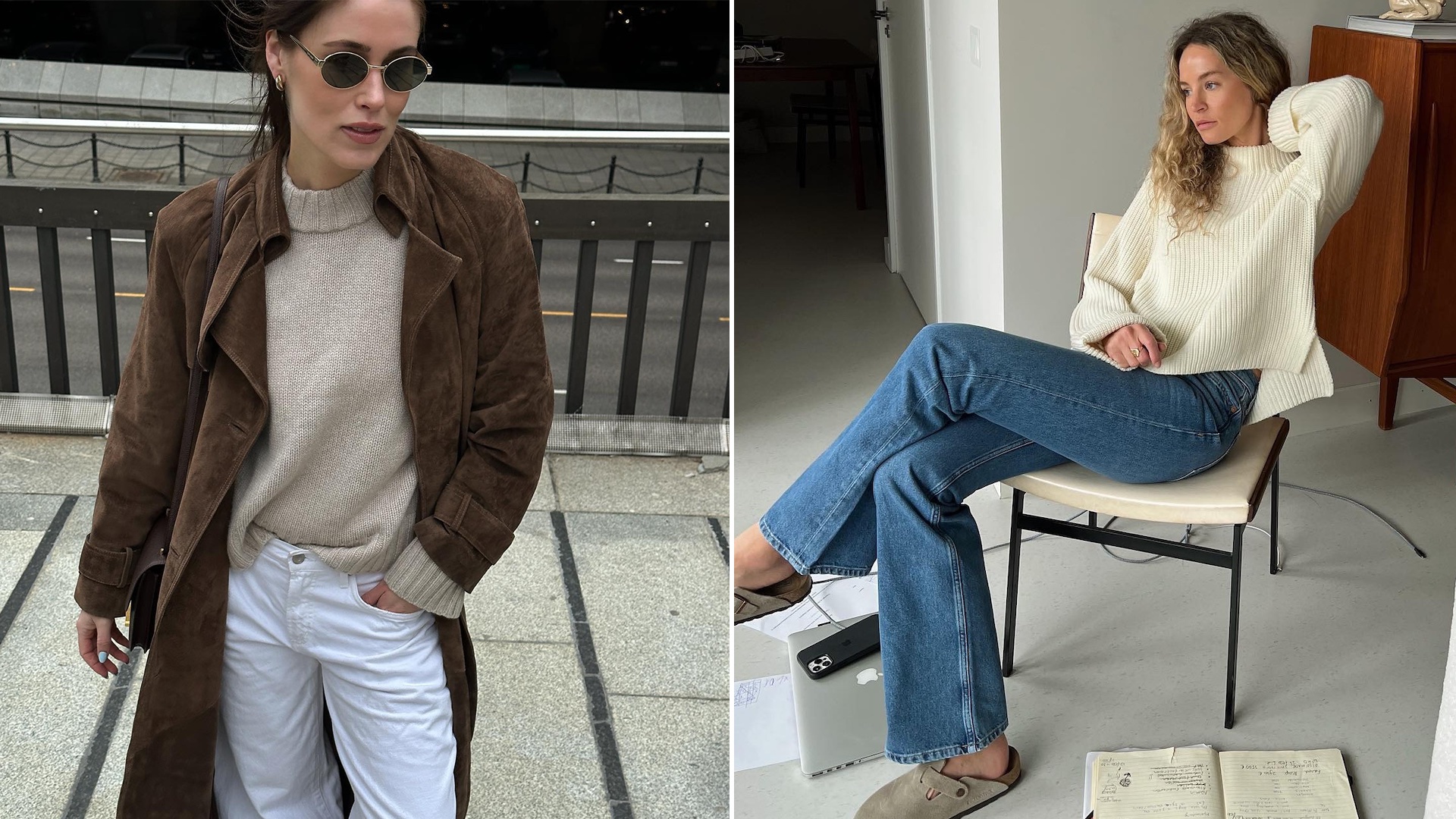 Collage of style influencers Annabel Rosendahl and Anouk Yve wearing chic fall outfits with a brown trench coat, beige sweater, ribbed cream sweater, jeans, and Birkenstock Boston clog shoes.