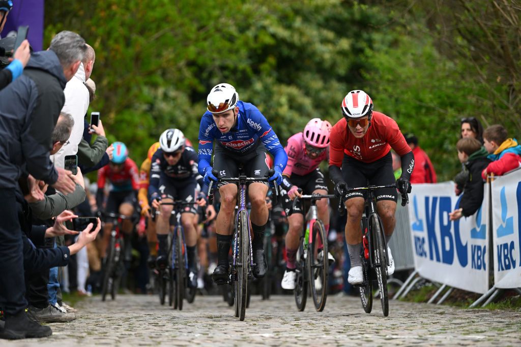 OVERIJSE BELGIUM APRIL 12 LR Axel Laurance of France and Team AlpecinDeceuninck and Axel Zingle of France and Team Cofidis compete during the 63rd De Brabantse Pijl La Fleche Brabanconne 2023 Mens Elite a 2051km one day race from Leuven to Overijse on April 12 2023 in Overijse Belgium Photo by Luc ClaessenGetty Images
