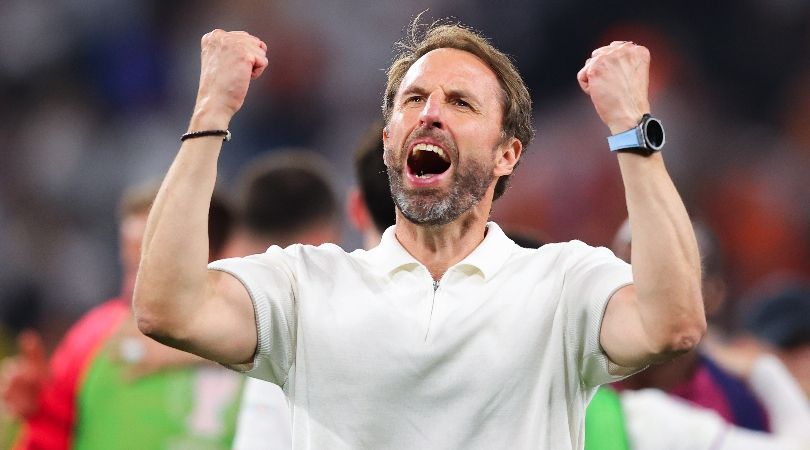 England manager Gareth Southgate celebrates after his side&#039;s Euro 2024 semi-final win over the Netherlands.