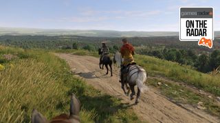 Three knights riding on a scenic dirt path in the hills of Bohemia in Kingdom Come: Deliverance 2