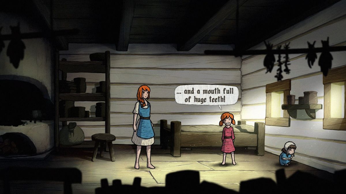 Young woman talking to young girl in a peasant cottage, young girl is describing "a mouth full of huge teeth"