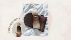 Image of Vita Liberata The Glaze with brown tan mitt on a beige background, with a circular image of hand holding The glaze, tried and tested banner