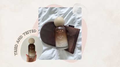 Image of Vita Liberata The Glaze with brown tan mitt on a beige background, with a circular image of hand holding The glaze, tried and tested banner