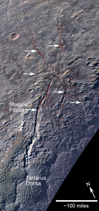 A new geological feature on Pluto, informally called a "spider," is puzzling geologists.