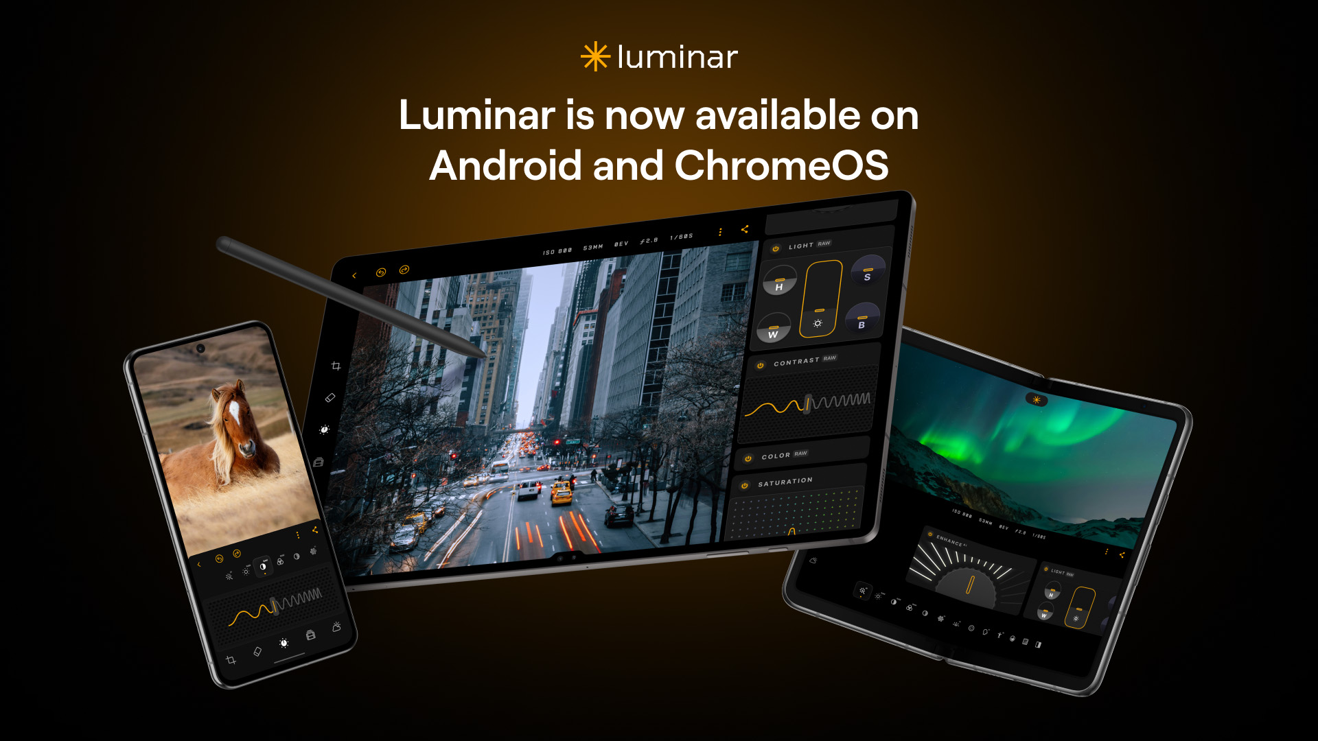 Skylum Luminar: Photo Editor working on Android phone, tablet and folding phone, with stylus being used and image of busy city road in centre