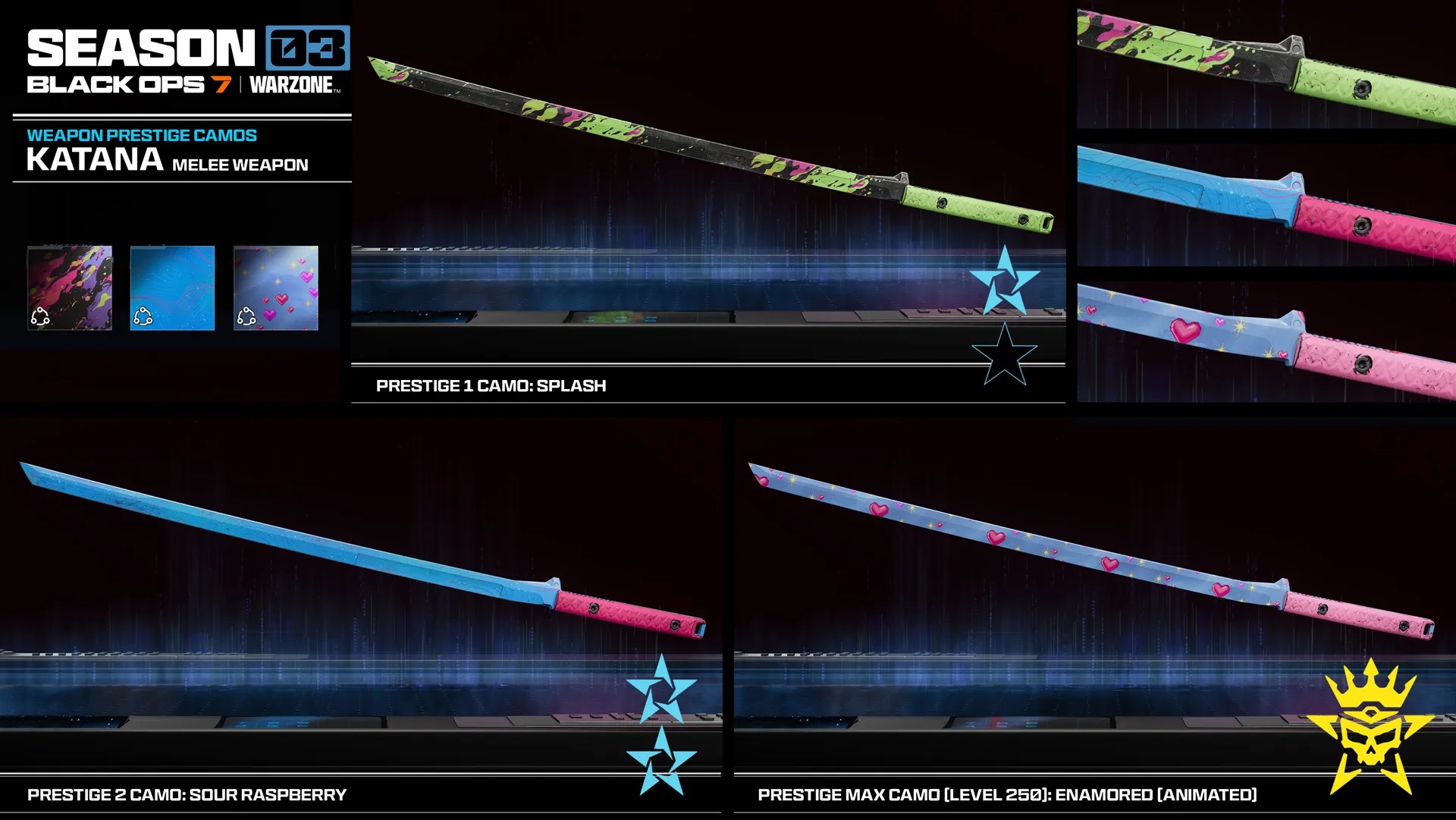 Call of Duty: Black Ops 7 Season 3 screenshots including weapon prestige camos, new mode gameplay for freerun and demolition, and new operator skins.