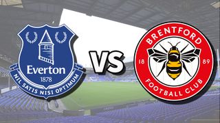 The Everton and Brentford club badges on top of a photo of Goodison Park stadium in Liverpool, England
