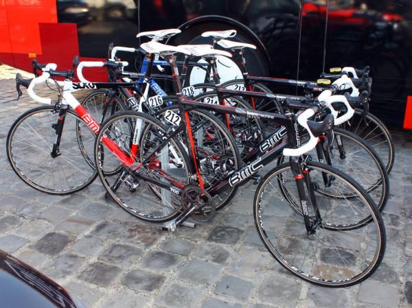 BMC's rigs lie in wait just prior to the start of Paris-Roubaix.