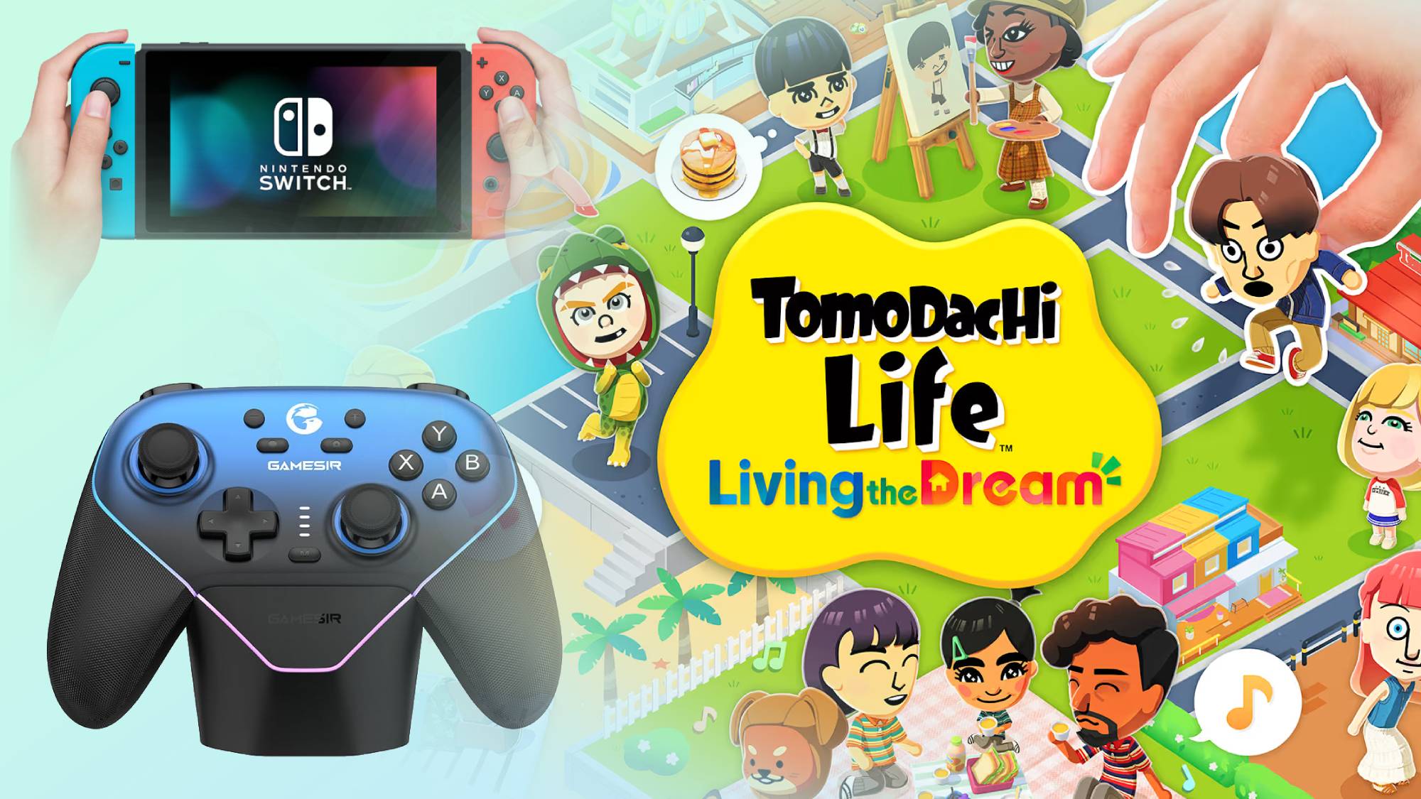 Tomodachi Life Living the Dream promotional image, Nintendo Switch console, GameSir Super Nova controller