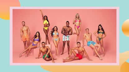 The winter Love Island 2023 islanders, posing in swimwear against an orange backdrop/ in a blue, yellow, orange and pink template