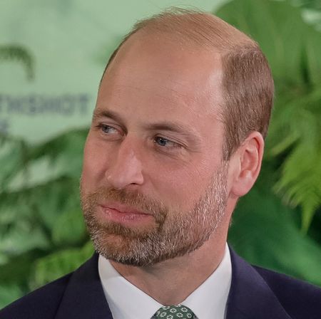 Prince William wearing a suit and tie and looking to the left with an amused expression