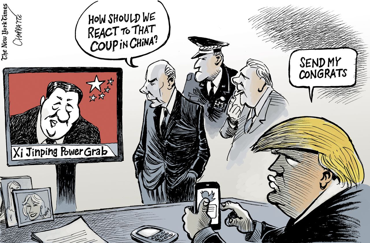 Political cartoon U.S. Trump China Xi Jinping power grab