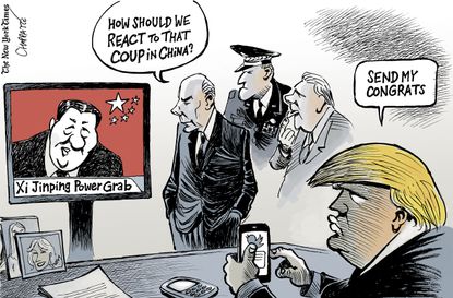 Political cartoon U.S. Trump China Xi Jinping power grab