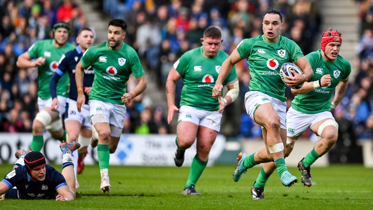 The Ireland Rugby Team in the Six Nations 2023 tournament playing against Scotland