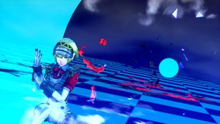 Persona 3 Reload Episode Aigis screenshot showing Aigis, a young woman with short blonde hair, standing against a tiled blue backdrop