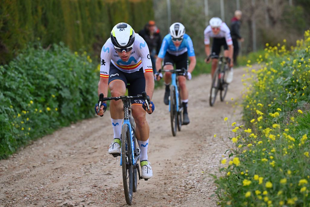 UBEDA SPAIN FEBRUARY 12 Oier Lazkano Lopez of Spain and Movistar Team competes in the breakaway during the 3rd Clasica Jaen Paraiso Interior 2024 a 1583km one day race from Baeza to Ubeda on February 12 2024 in Ubeda Spain Photo by Tim de WaeleGetty Images