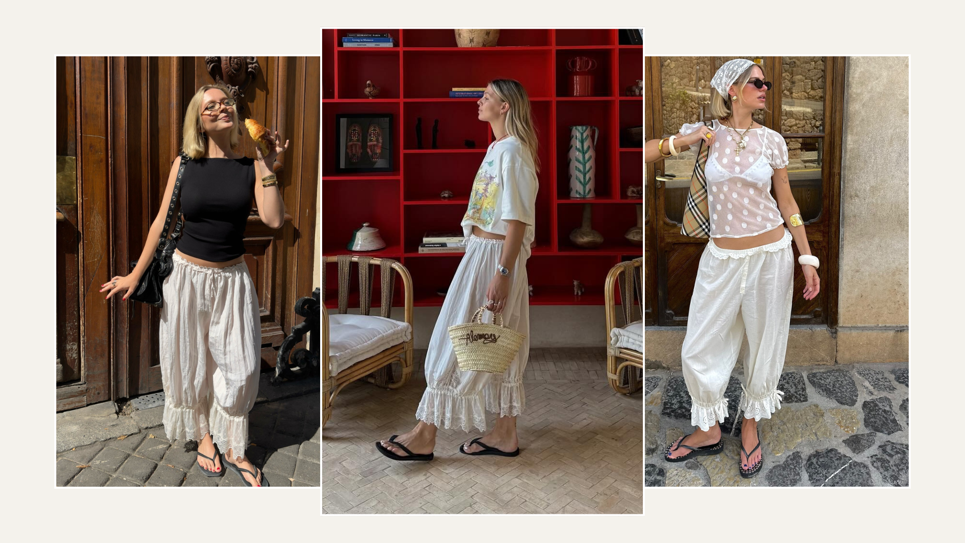Three fashion people wearing the bloomer trouser trend.