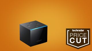 Amazon Fire TV cube against yellow background