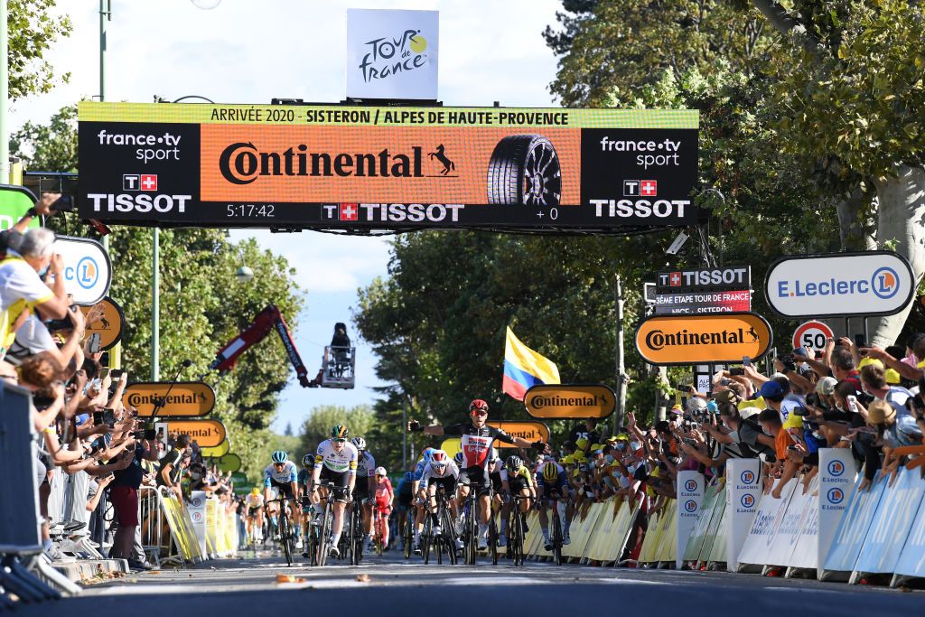 SISTERON FRANCE AUGUST 31 Arrival Sprint Sam Bennett of Ireland and Team Deceuninck QuickStep Caleb Ewan of Australia and Team Lotto Soudal Celebration Giacomo Nizzolo of Italy and NTT Pro Cycling Team Hugo Hofstetter of France and Team Israel StartUp Nation Peter Sagan of Slovakia and Team Bora Hansgrohe Matteo Trentin of Italy and CCC Team during the 107th Tour de France 2020 Stage 3 a 198km stage from Nice to Sisteron 488m TDF2020 LeTour on August 31 2020 in Sisteron France Photo by Stuart FranklinGetty Images