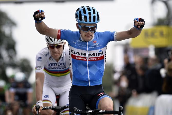 Tom Jelte Slagter (Garmin-Sharp) celebrates his win on stage 7 of Paris-Nice