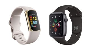 A side by side profile of the Fitbit Charge 5 and Apple Watch Series 5