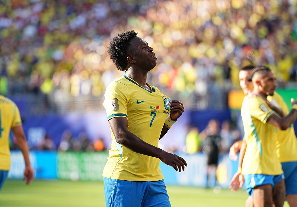 Brazil's Vinicius Junior celebrates his goal against Morocco