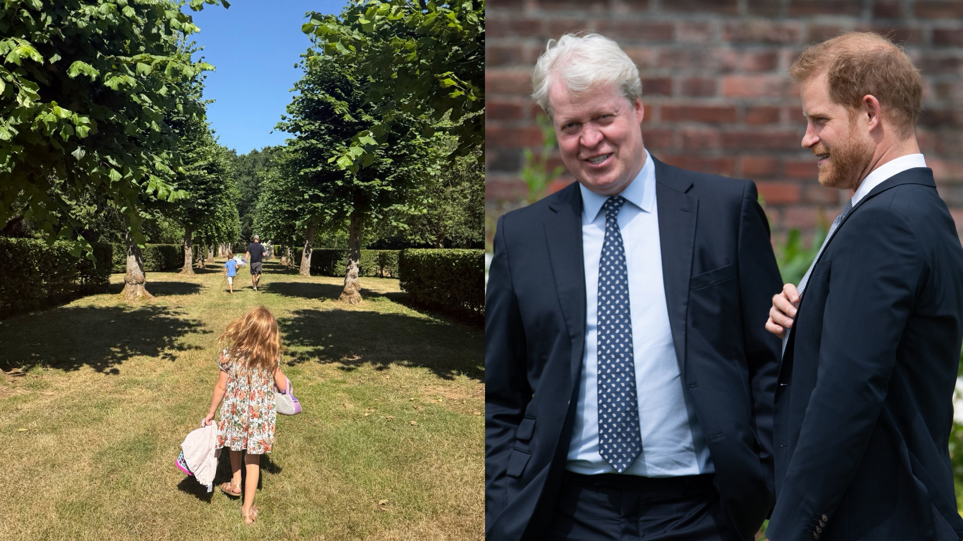 A split image of Prince Harry and Earl Spencer talking and Princess Lilibet, Prince Archie and Prince Harry walking through grass at Althorp