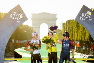 The 2022 Tour de France final podium, with Thomas in third