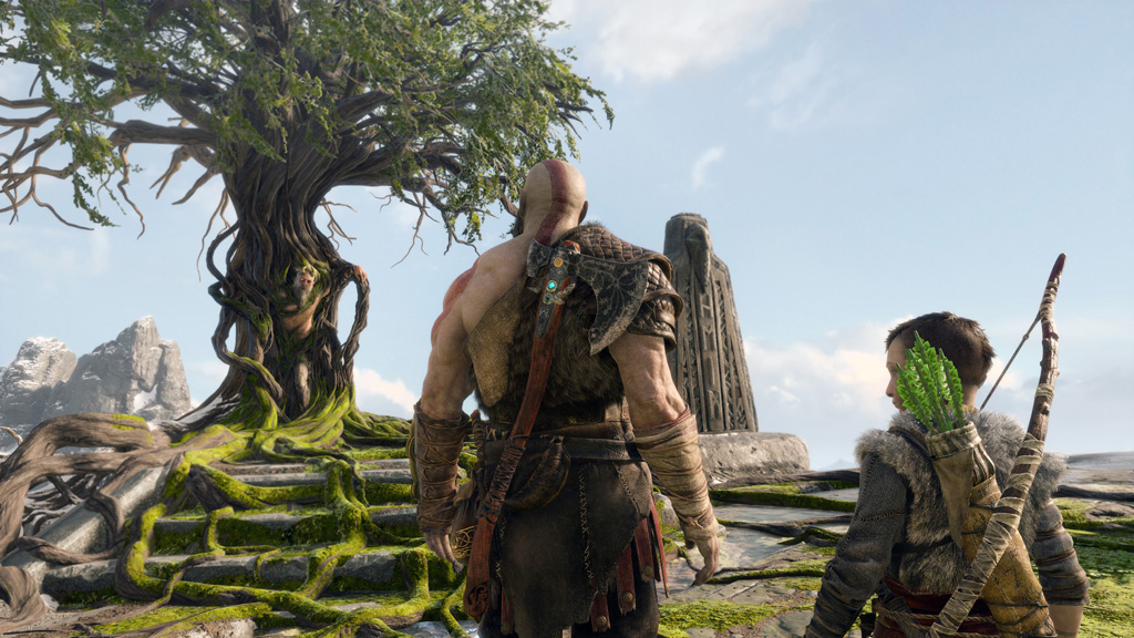 God of War PS4 screenshot, Kratos and Atreus approach a tree