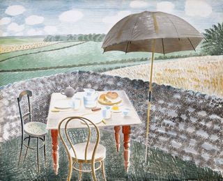 Illustration artwork by ‘Ravilious in Pictures, daytime, grass, two wooden chairs and table set with food on plates, teapot , jug and cups, grey parasol, stone brick wall, grass landscape and trees, cloudy blue sky