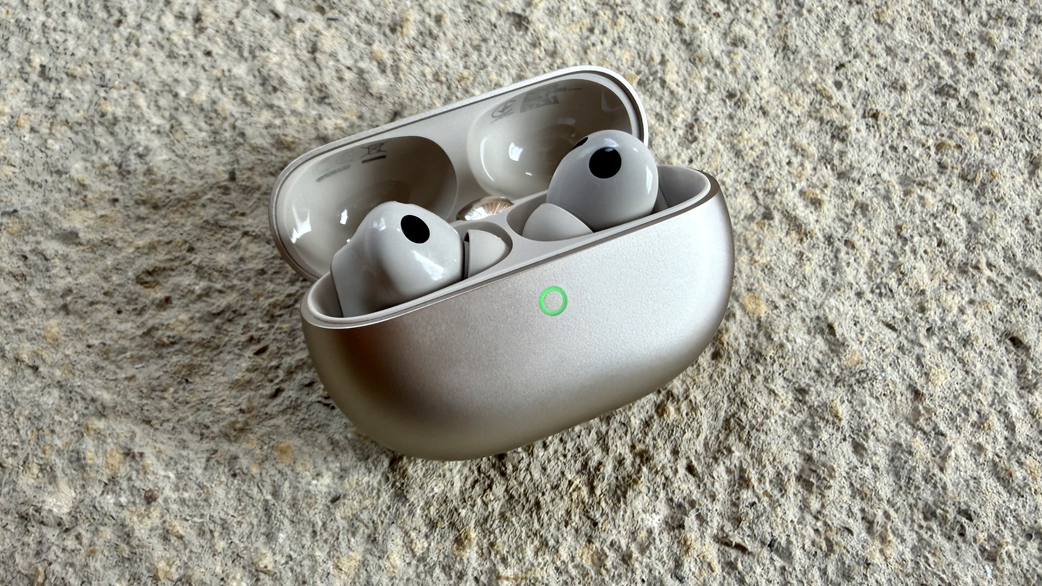 The huawei FreeBus Pro 5 pictured on a stone surface in their charging case