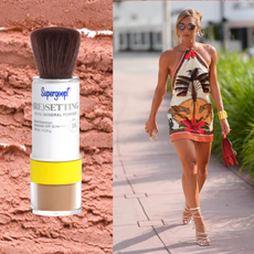 A woman wearing a halterneck dress, heels, and sunglasses. She is standing next to a bottle of powder SPF.