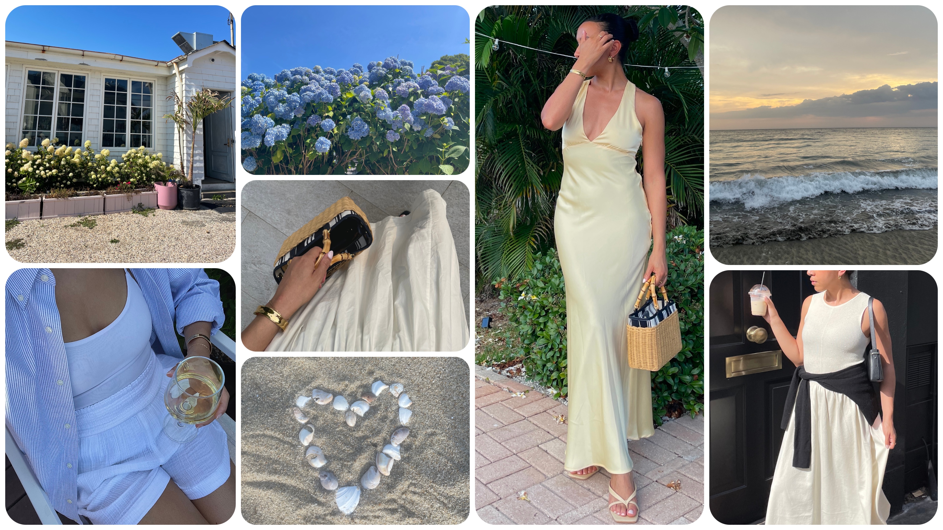 snapshots of the Hamptons, Lauren Tappan wearing a button-down and shorts, Lauren Tappan wearing a yellow dress, Lauren Tappan wearing a cream dress 