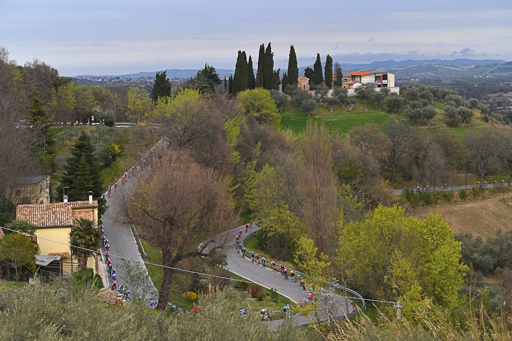 The Tirreno-Adriatico peloton in action during stage 6