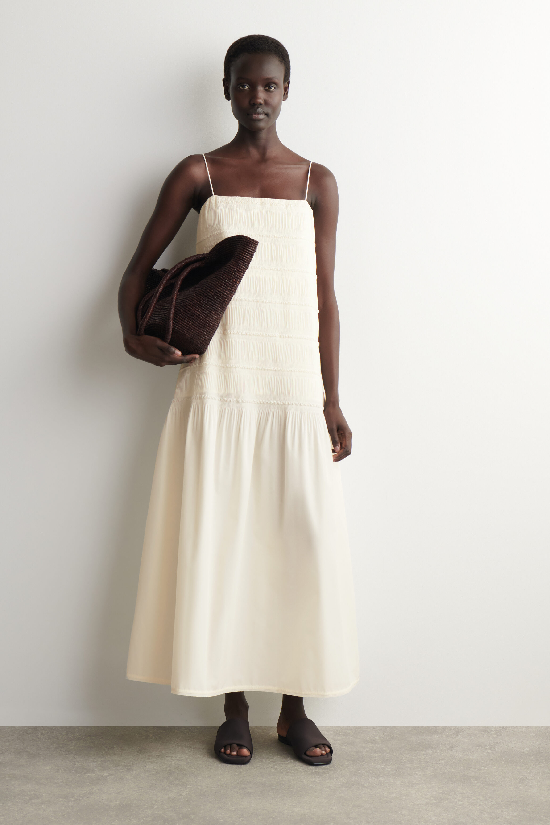 Ruched Dropped-Waist Poplin Midi Dress